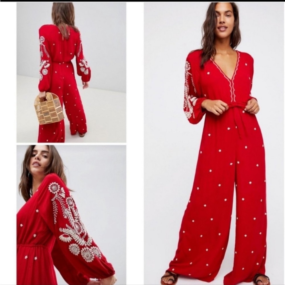 Free People Red Embroidered Jumpsuit